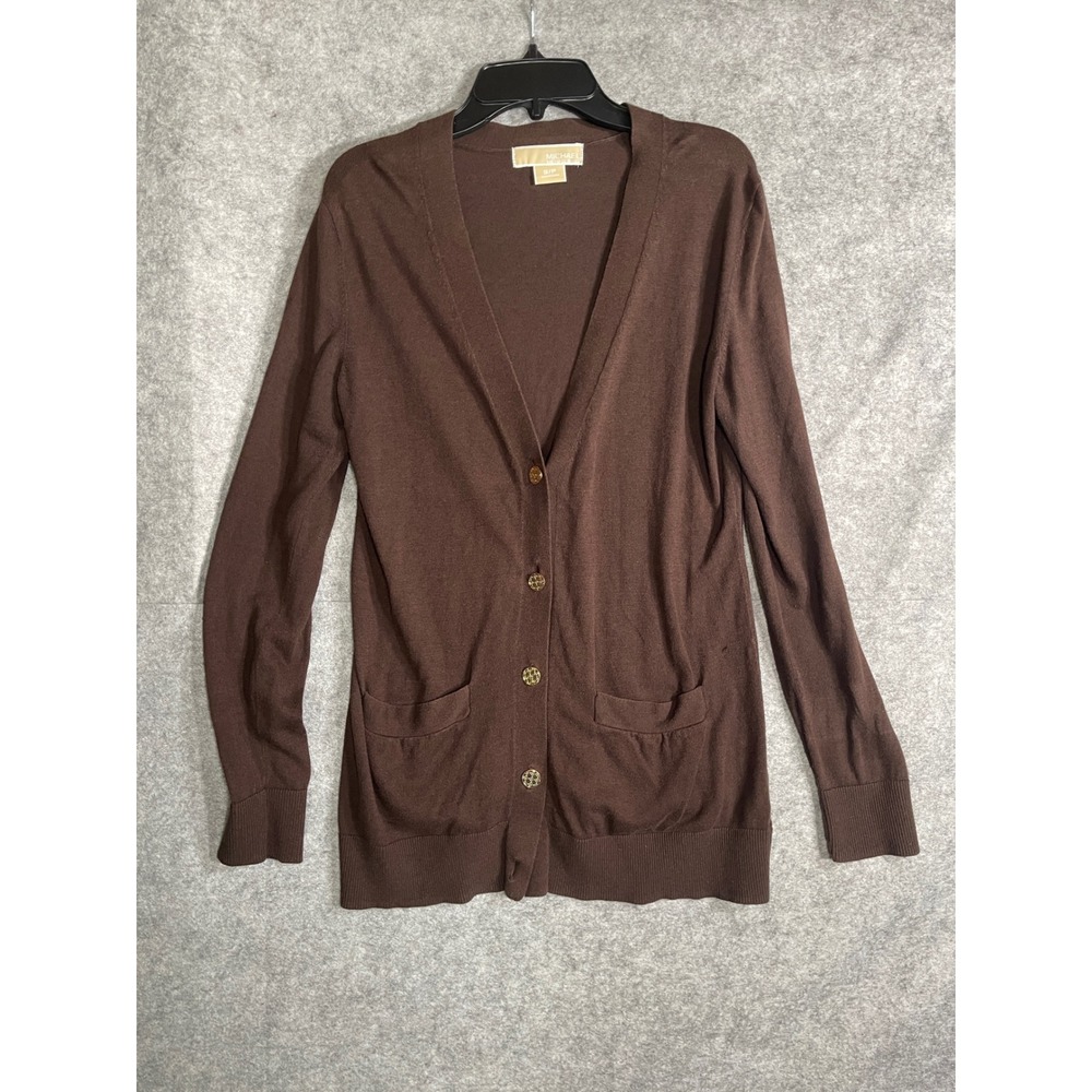 Michael Michael Kors Brown V-Neck Button Front Cardigan Sweater Logo Buttons S